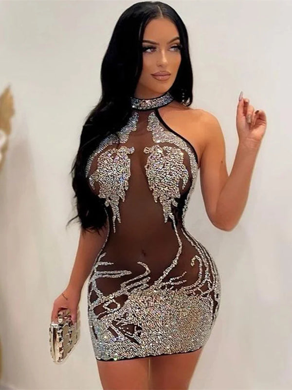 Sexy Skinny Women Dress Mesh Shiny Rhinestone See Through Coquette Mini Bodycon Hot Girls Ball Gown Party Clubwear