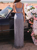 Glam Rhinestone Fringe 2 Piece Set for Women Sweetheart Neck Crop Cami Top High Waist Floor Length Skirt for Evening Party