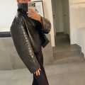 Casual Solid Pu Crocodile Grain Jacket Women Fashion Full Sleeve Stand Collar Loose Female Outwear 2026 Autumn Lady Coats Chic