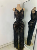 Sparkly Diamonds Sequins Fringes Luxury Jumpsuit Gold Sleeveless Mesh Performance Dance Costume Nightclub Singer Stage Rompers