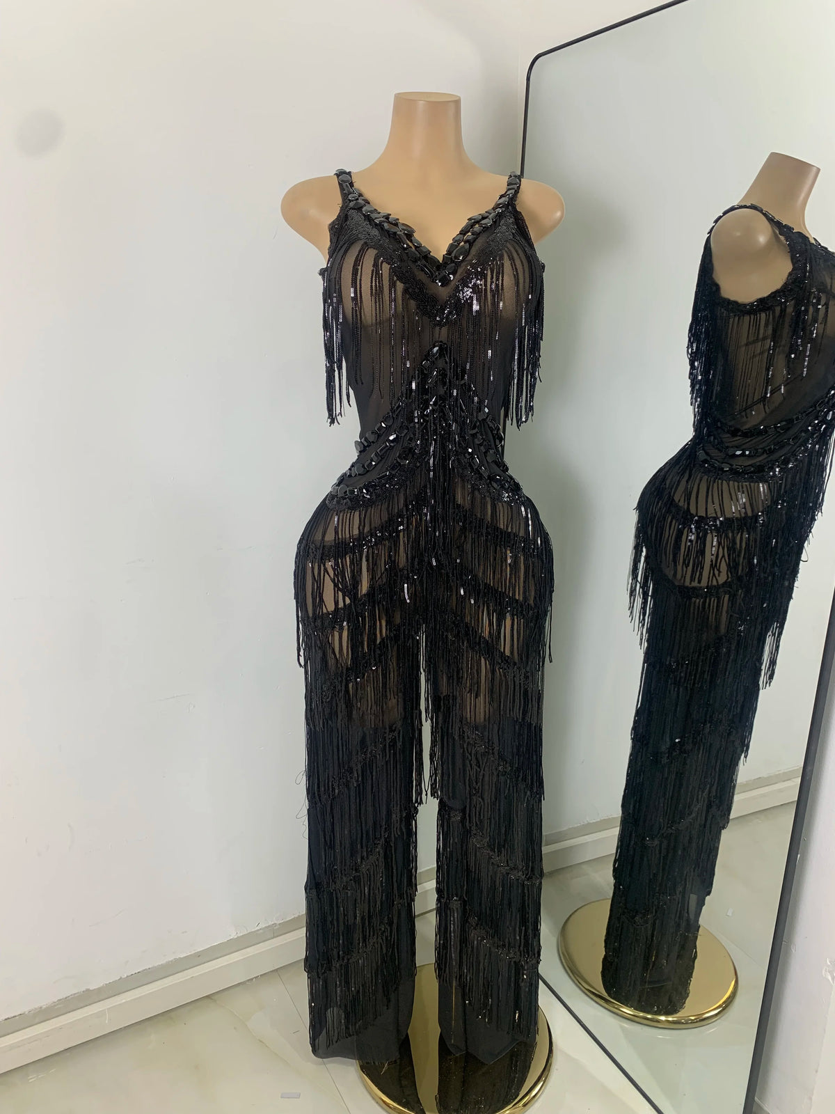 Sparkly Diamonds Sequins Fringes Luxury Jumpsuit Gold Sleeveless Mesh Performance Dance Costume Nightclub Singer Stage Rompers