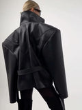 Streetwear Faux Leather Jacket for Women High Neck Zip Front Shoulder Pad Belted Waist Oversized for Autumn Outfits