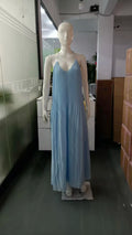 Blue Halter Pleated Long Beach Dress Women's Backless Sleeveless Puff Maxi Dresses Summer Evening Party Holiday Vacation New In