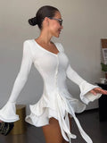 Fashion 3d Flower Women's Short Dress Slim V-neck Buttons Flare Sleeve Lace Up Party Dresses 2026 Summer Lady Solid Beach Robes