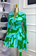 Women Tie Dye Print Flare Long Sleeve Wrap V-neck with Sashes Ruffle Dress 2026 Elegant Vacation Party Birthday Dresses