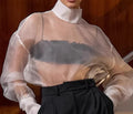 Solid Loose Fashion Blouse for Women Stand Neck Long Sleeves Patchwork Sheer Elegant T Shirts Female Clothing New