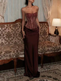 Luxury Strapless Corset Mermaid Maxi Dress for Women Lace Bodice Satin Ruched Skirt for Formal Evening Party Prom Long Gown