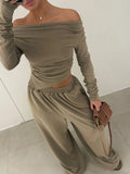 Solid Two Piece Set for Women Slash Neck Irregular Hem Long Sleeve Top High Waist Straight Pant Casual Suit Female