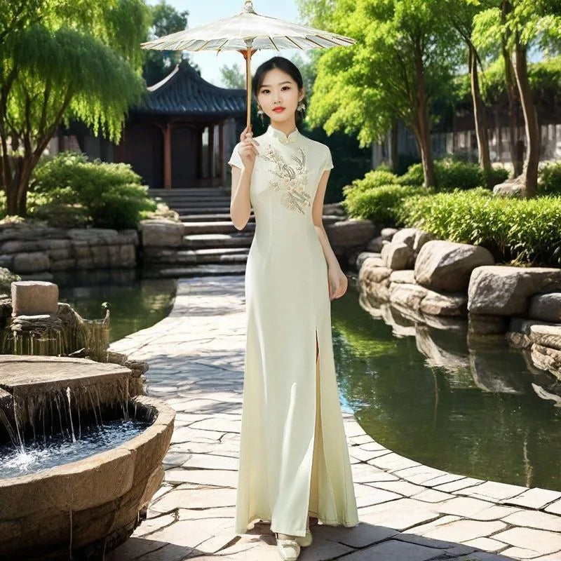 Sexy Cheongsam Improved Modern Chinese Style Cheongsam Team Show Costume Sexy Slit Vestidos Dress Plus Size 3Xl4Xl 5Xl Qipao