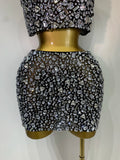 Sparkling Rhinestone Sexy See Through Blackless Top Skirt Two Pieces Set Woman Luxury Birthday Evening Party Gowns