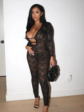 Sexy Jacquard Jumpsuit Women Sexy Mesh Patchwork Low-Neck Hollow Full Sleeve Skinny Midnight Party Clubwear Overalls