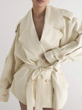 Women's Double Breasted Trench Coat Lapel Waist-Cinching Lace Up Mid Length Windbreaker Jacket Autumn Casual Street Coat