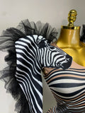 Women Long Sleeve Zebra Stripes Bodycon Jumpsuit Two Piece Set Birthday Party Nightclub Stage Performance Halloween Rompers