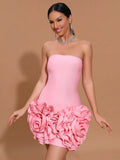 2026 Ladies 3D Flowers Strapless Tight Backless Design Celebrity Club Party Red Sleeveless Sexy Mini Bandage Dress