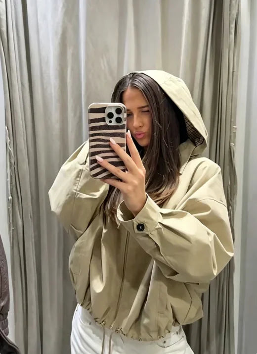 Women Khaki Hooded Cropped Zip‑up Jacket Faux Two‑inner Plaid Fabric Drawstring Bottom Coat Lady Autumn Casual Commute Outfits