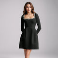Black Red Color Women Long Sleeve Sexy Square Collar A-Line Mini Bandage Dress Fashion Celebrate Birthday Party Dress Vestido
