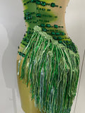 Women Sparkly Green Rhinestone Tassels Sexy Latin Dancer Mesh Bodysuit Eveing Party Birthday Nightclub Performance Stage Costume
