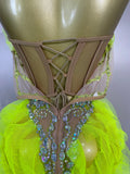 Sexy Sparkly Diamonds Strapless Mesh Ruffled See Through Mini Dress Women Eveing Party Birthday Nightclub Bar Stage Show Costume