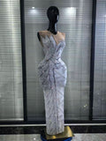 Sexy Mesh See Through Evening Prom Birthday Photo Shoot Singer Stage Outfit Luxury Rhinestone Sleeveless Silver Long Dress
