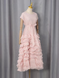 Elegant Spliced Tiered Ruffles Dress for Women O Neck Sleeveless Patchwork Lace Up Slim Formal Evening Puff Dresses Female