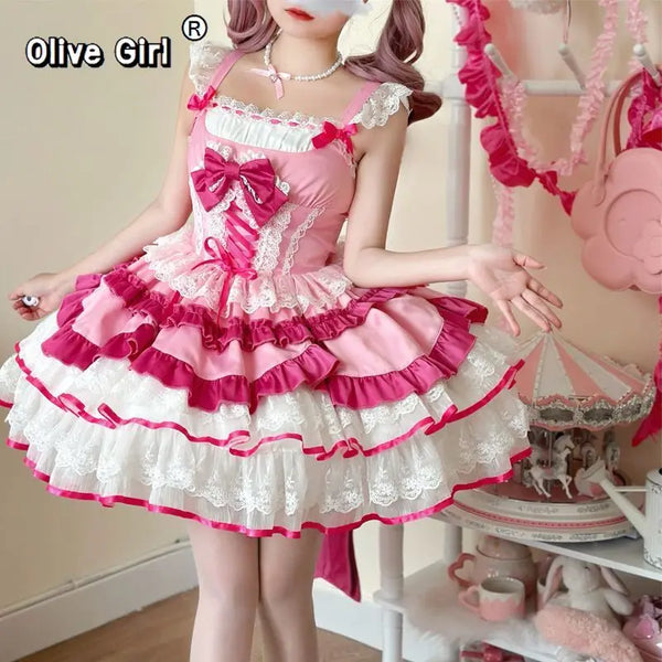 Olivegirl Lolita Dress Kawaii Sweet Bow Ruffled Slim Sleeveless Mini Princess Dresses Elegant Bow Flower Dresses Women Y2K JSK
