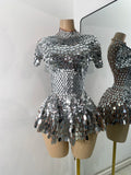 Sexy Women Short Sleeve Sparkly Sequins Stage Dress Luxury Evening Party Nightclub Performance Costume Stage Wear