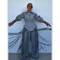 Grey Long Sleeve 2 Piece Outfit Chic Lapel Zip Slim Top Long Fringe Wide Leg Pants 2026 Autumn Women Casual Lady Matching Set