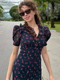 Floral Puff Sleeves Maxi Dresses Women's Slim Waist-cinching Hip-wrap V-neck Dress 2026 New Ladies Summer Vacation Outwear