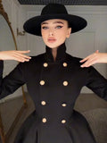 Elegant Stand Collar Metal Button Maxi Coat Lady Double Breasted Cinched Waist A-line Flared Overcoat Fall Date Party Outerwear