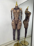 Sparkly Crystals Women Sexy with Sleeves Stretch Mesh See Through Jumpsuit Nightclub Stage Wear Performance Dance Costume