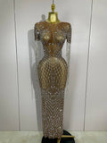 Luxery Sparkly Rhinestones Tassel Transparent Mesh Stretch Long Dress Women Evening Celebrate Birthday Dress Sexy Stage Costumes