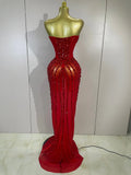 Luxury Sparkly Red Diamond Sexy Strapless Mesh See Through Long Dress Evening Party Birthday Nightclub PhotoShoot Stage Costumes