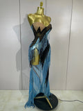 Sparkly Diamonds Tassel Long Dress Birthday Evening Party Sexy Strapless Side High Slit Mesh See Through Nightclub Stage Costume