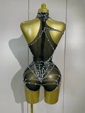 Sparkly Diamond Sexy Mesh Stretch Bodysuits Women Evening Nightclub Bar Party Show Gogo Dancer Clothing Stage Costume