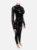 Irregular Mesh Patchwork Jumpsuit Women o-Neck Full Sleeve Sexy Hottie Stretch Skinny Hipster Fashion Street Clubwear