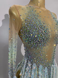 Sexy Sparkly Rhinestone Tassel Long Sleeves Mesh See Through Mini Dress 2026 Women Latin Dance Nightclub Party Club Stage Wear