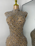 Gold Party Evening Short Dress Sparkly Diamonds Luxury Elegant Mesh See Throught Cocktail Birthday Clothing Night Club Show Wear