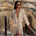 Beige Embroidered Long Tunic Top V Neck Long Sleeve Lace Fringe Hem Boho Blouse 2026 Summer Beach Vacation Cover‑up Streetwear