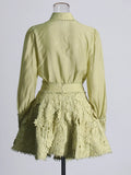 Solid Loose Two Piece Set For Women Lapel Long Sleeve Top High Waist Embroidery A Line Skirt Elegant Sets Female