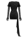 Red White Women Long Sleeve Sexy Lace Draped Bodycon Mini Dress Gloves Nightclub Party Celebrate Birthday Dress