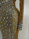 New Sexy Sparkling Red Crystals Feathers Long Sleeve Mermaid Maxi Dress Women Wedding Celebrate Luxury Birthday Party Prom Gown