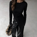 Solid Slimming Split Sexy Dresses for Women Round Neck Long Sleeves Irregular Temperament Dress Female Clothing New