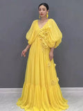Women Maxi Dresses V Neck Lantern Sleeve 3D Flower Ruffle Hem Big Swing Elegant Vacation Summer