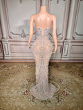 Evening dress for birthday party Blue Host Heavy Industry Beads Mermaid Toast Off-Shoulder Wedding Dress