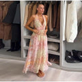 Sexy V-neck Halter Backless Printed Long Dress Women Sleeveless Lace Up High Waist Slim A-line Maxi Dress Lady Chic Casual Dress
