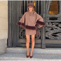 Women Plaid Fur Trim Cape Mini Skirt Set High Neck Checkered Shawl Coat Short Skirt Two Piece Outfit 2026 Autumn Elegant Suit