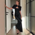 Satin Mermaid Maxi Dress Women Shoulder Pad Cutout Stand Collar Ruched Bodycon Evening Gown Wedding Prom New Hot Luxe Gowns 2026