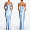 Elegant Satin Corset Long Dresses Women's One Shoulder Maxi Dress Evening Party Wedding Guest Blue Pink Prom Graduation Brown