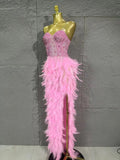 Sparkle Rhinestone Feather Sexy Mesh Long Dress Evening Party Birthday Performance Photoshoot Red Carpet Costume