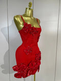 Elegant Chic 3D Beaded Flower Spaghetti Strap Short Bodycon Bandage Dress Luxury Party Prom Gown Birthday Wedding Guest Dresses